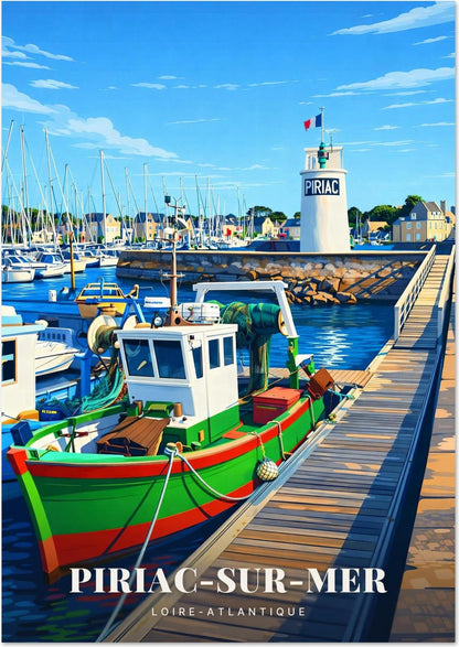 Piriac-sur-Mer — Le Chalutier Vert Amarré au Ponton face au Phare Blanc du Port de Loire-Atlantique
