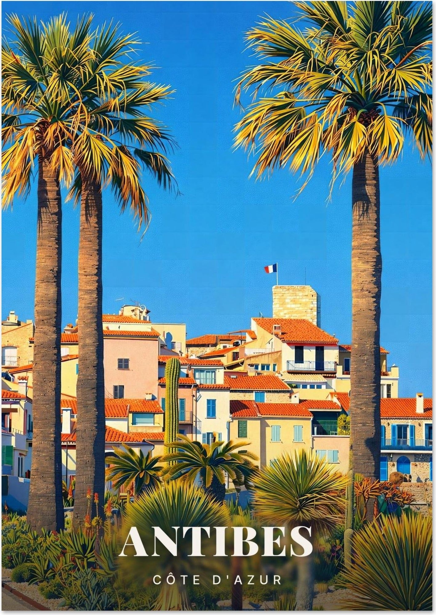 Antibes — Vieille Ville et Tour du Château sous les Grands Palmiers de la Côte d'Azur