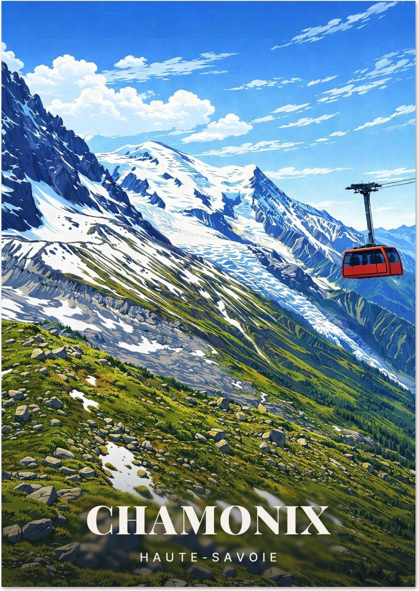 Chamonix — Le Téléphérique Rouge de l'Aiguille du Midi face au Glacier et aux Cimes de Haute-Savoie