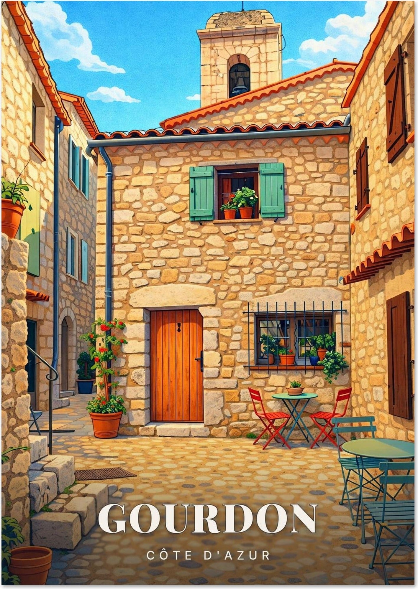 Gourdon — Placette Pavée et Terrasse de Café au Pied du Clocher de Pierre de la Côte d'Azur