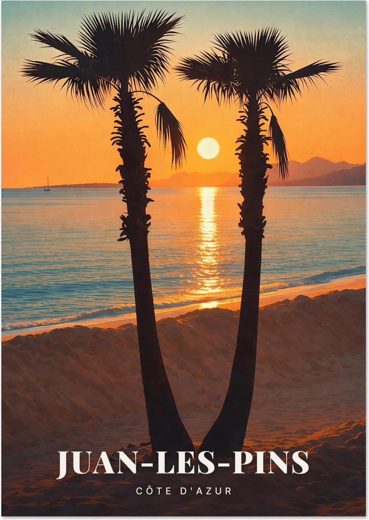 Juan-les-Pins — Deux Palmiers en Ombre au Coucher de Soleil Doré sur la Baie de la Côte d'Azur