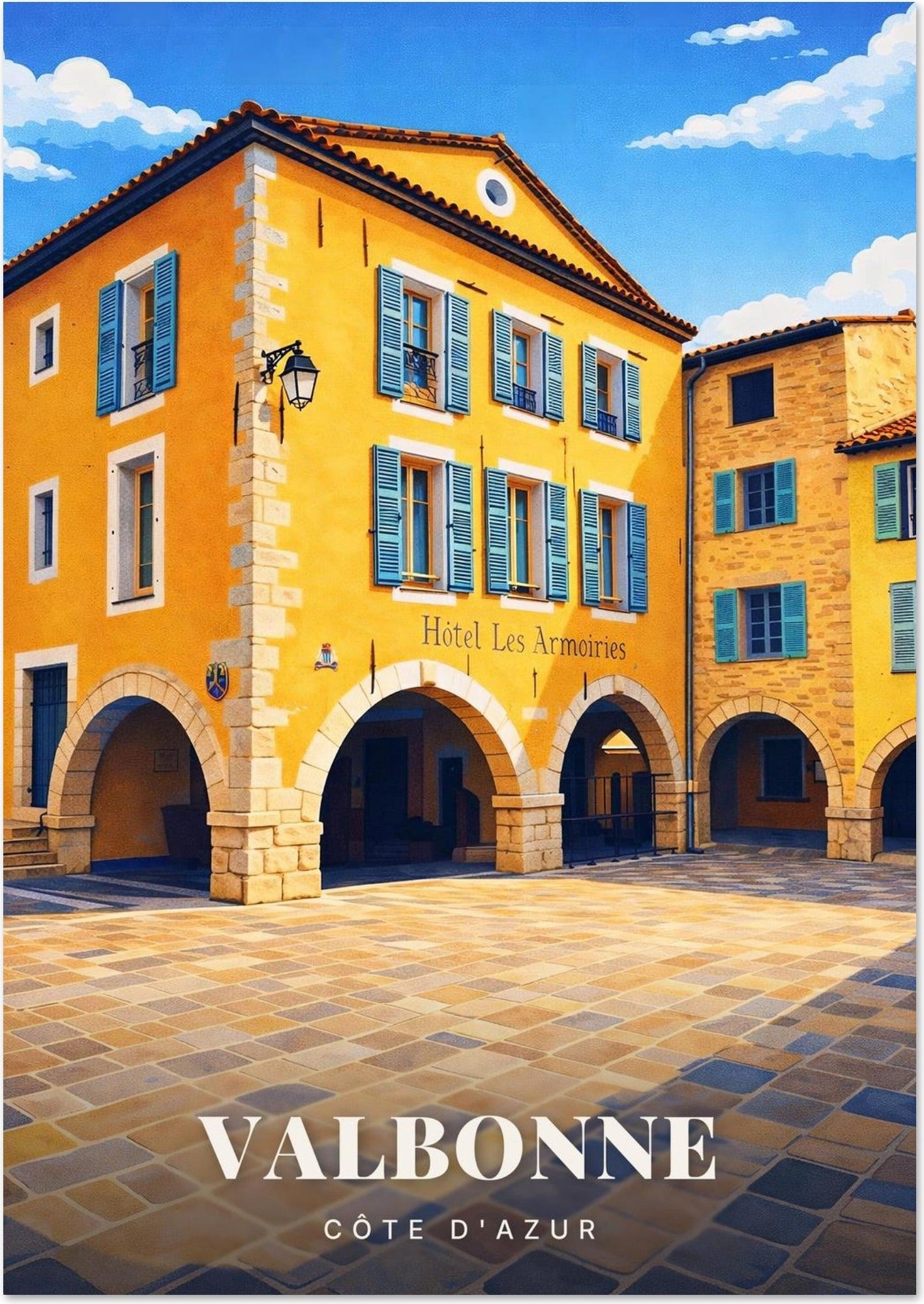 Valbonne — Place des Arcades et Façade Ocre de l'Hôtel Les Armoiries au Cœur du Village de la Côte d'Azur