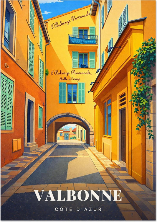 Valbonne — Ruelle Pavée et Arche de Pierre sous la Façade Ocre de l'Auberge Provençale en Côte d'Azur