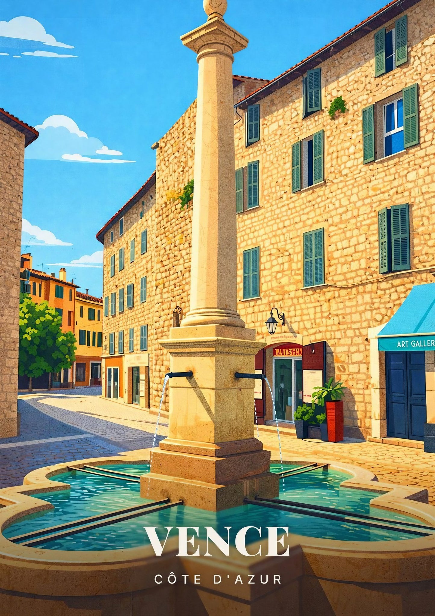 Vence — La Fontaine à Colonne et les Façades de Pierre du Vieux Village de la Côte d'Azur