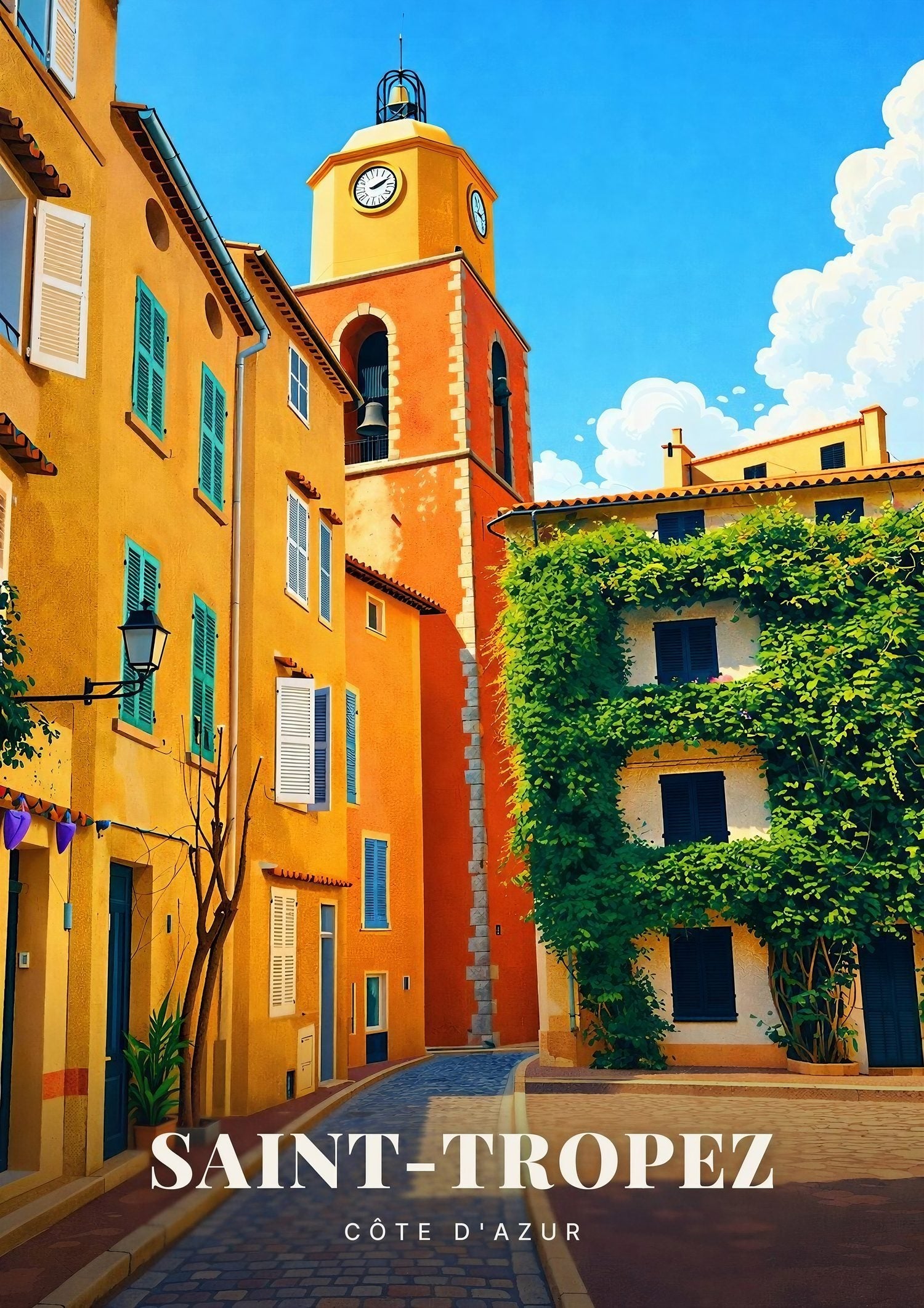 Saint-Tropez — Le Clocher de l'Église et la Ruelle Pavée du Vieux Village au Soleil de la Côte d'Azur