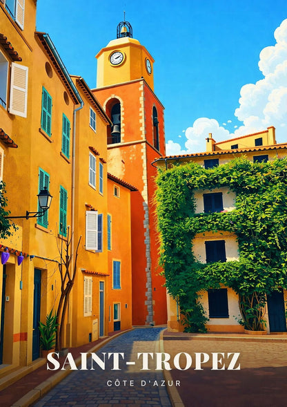 Saint-Tropez — Le Clocher de l'Église et la Ruelle Pavée du Vieux Village au Soleil de la Côte d'Azur