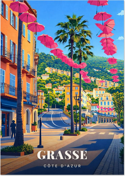 Grasse — Rue aux Parapluies Roses, Montée Provençale vers les Collines de la Côte d'Azur