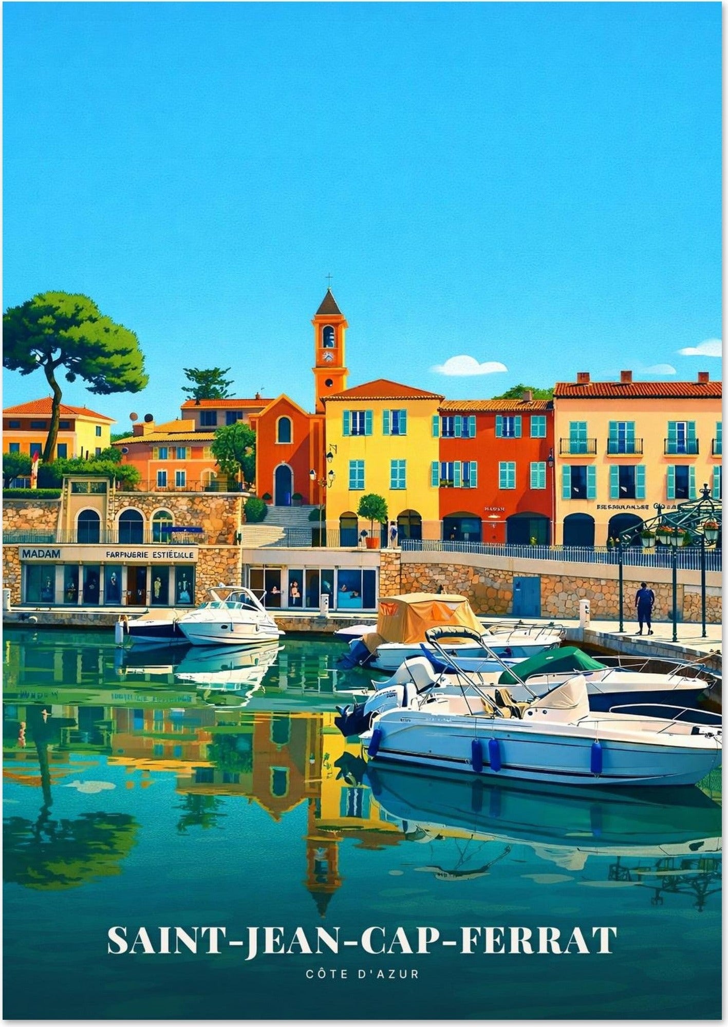 Saint-Jean-Cap-Ferrat — Le Port de Plaisance et le Clocher du Village face aux Eaux Émeraude de la Côte d'Azur