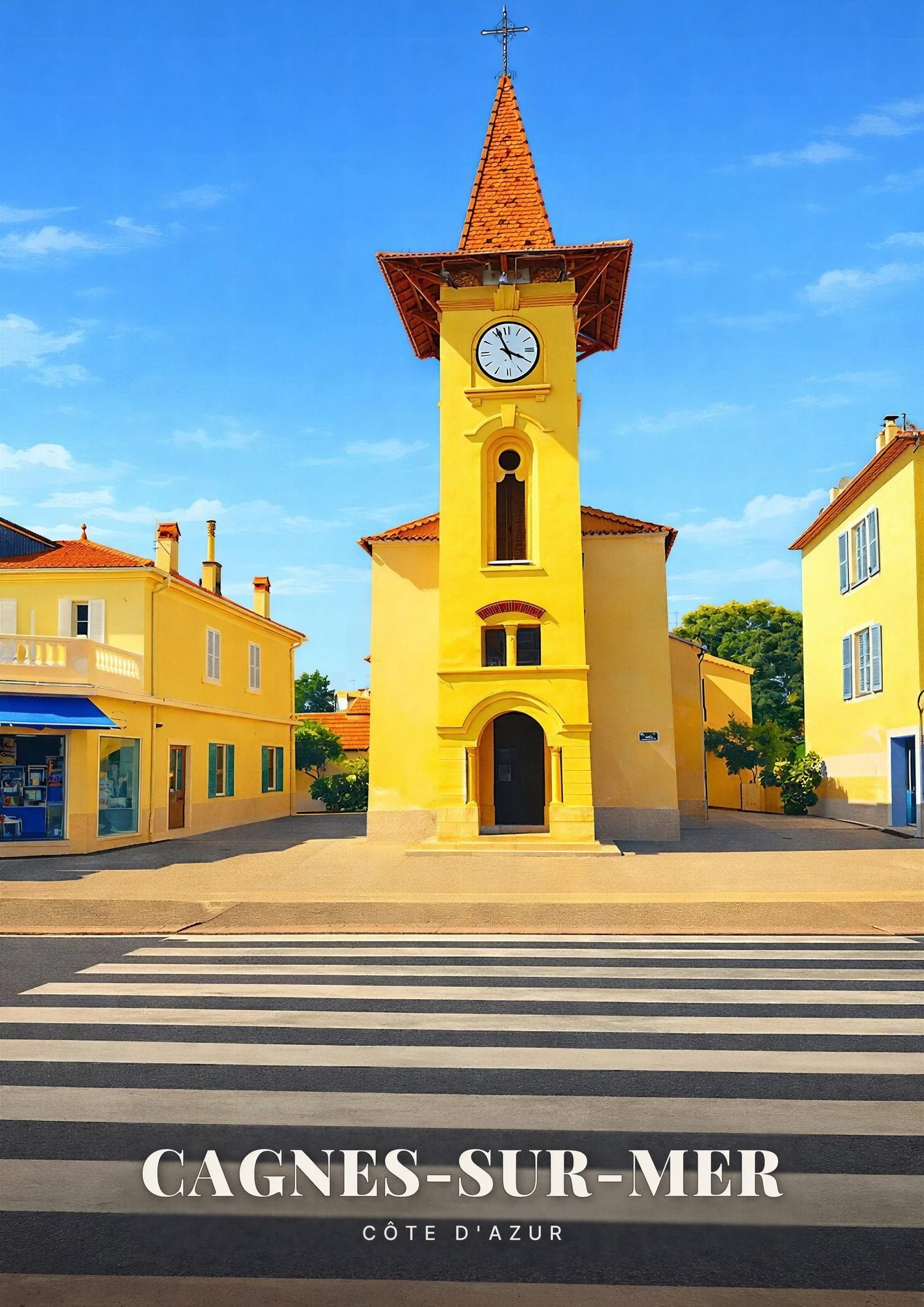 Cagnes-sur-Mer — Le Clocher de l'Église sur la Place Pavée au Cœur du Village de la Côte d'Azur