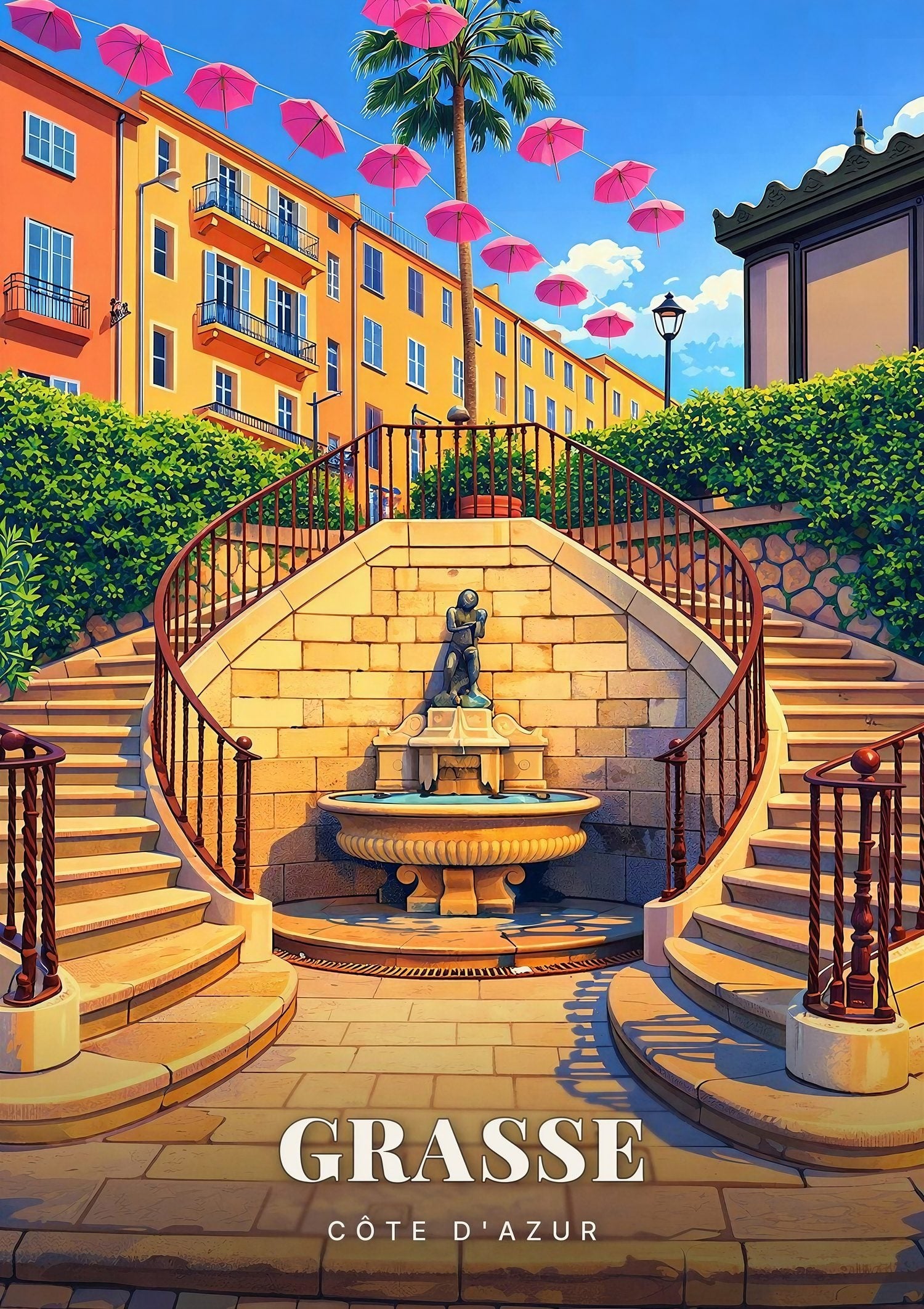 Grasse — Fontaine et Double Escalier Provençal sous les Parapluies Roses de la Côte d'Azur