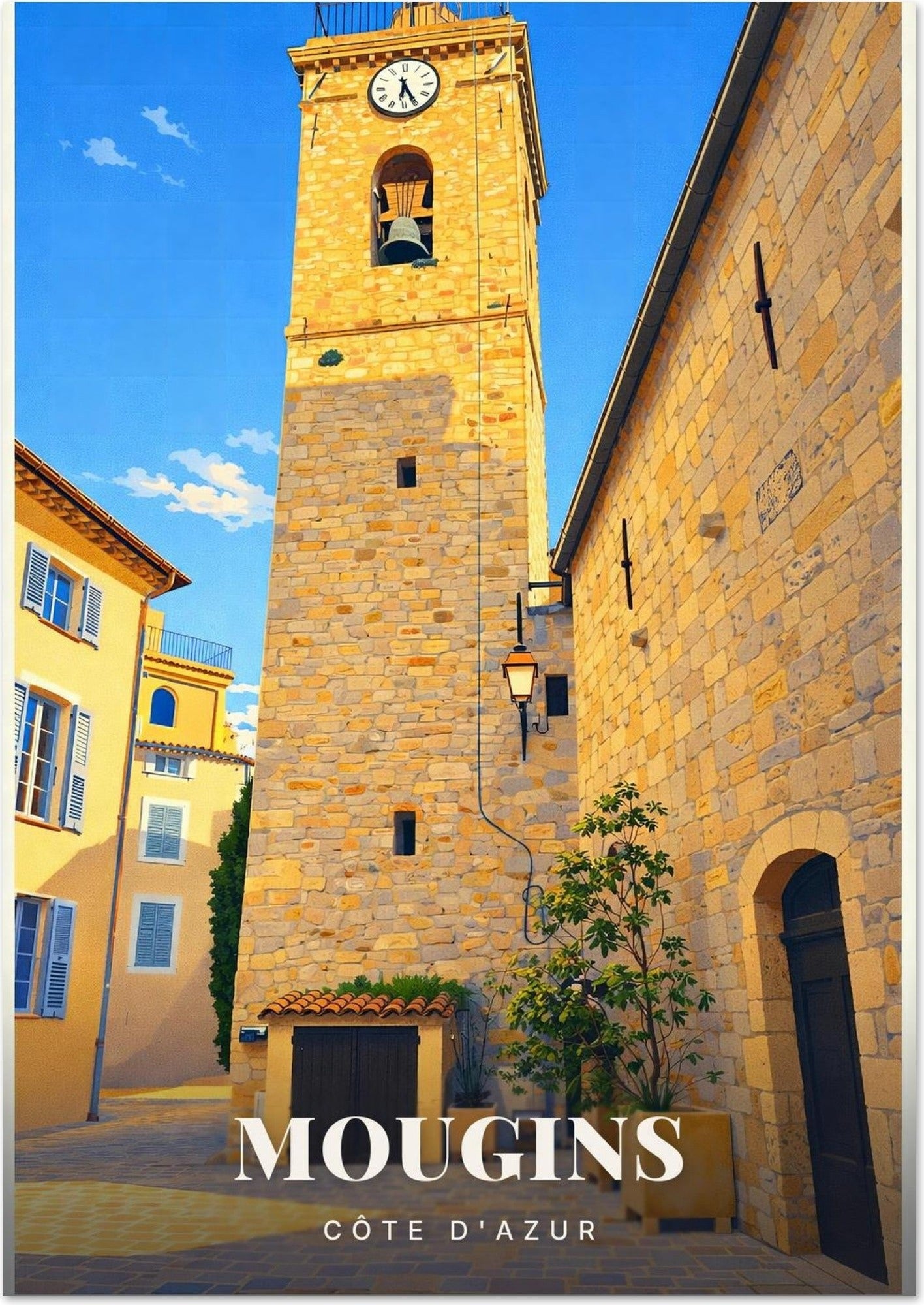 Mougins — Le Clocher de Pierre Dorée et la Place Pavée du Village Perché de la Côte d'Azur