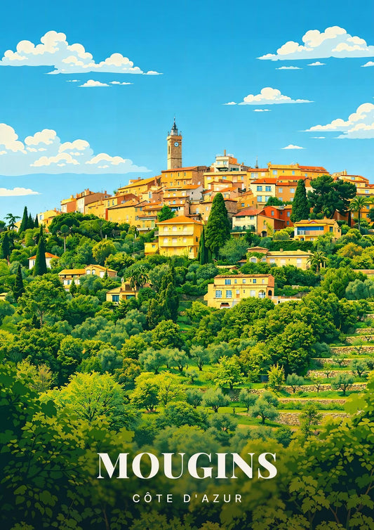 Mougins — Le Village Perché et son Clocher au-dessus des Collines Boisées et Oliveraies de la Côte d'Azur