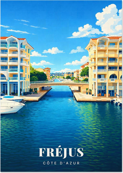 Fréjus — Port de Plaisance et Immeubles Néo-Provençaux le long du Canal sous le Ciel de la Côte d'Azur