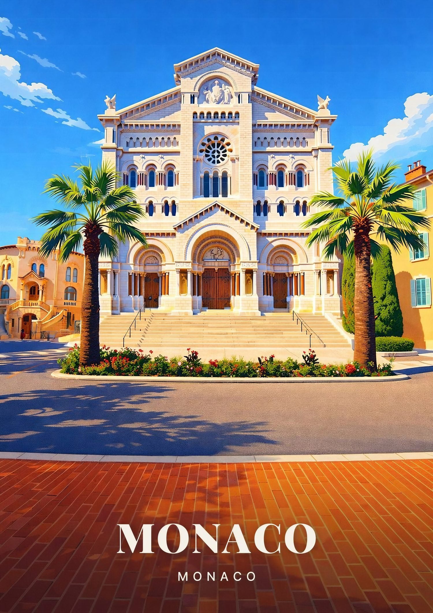 Monaco — La Cathédrale Notre-Dame-Immaculée et ses Palmiers sous le Ciel de la Principauté
