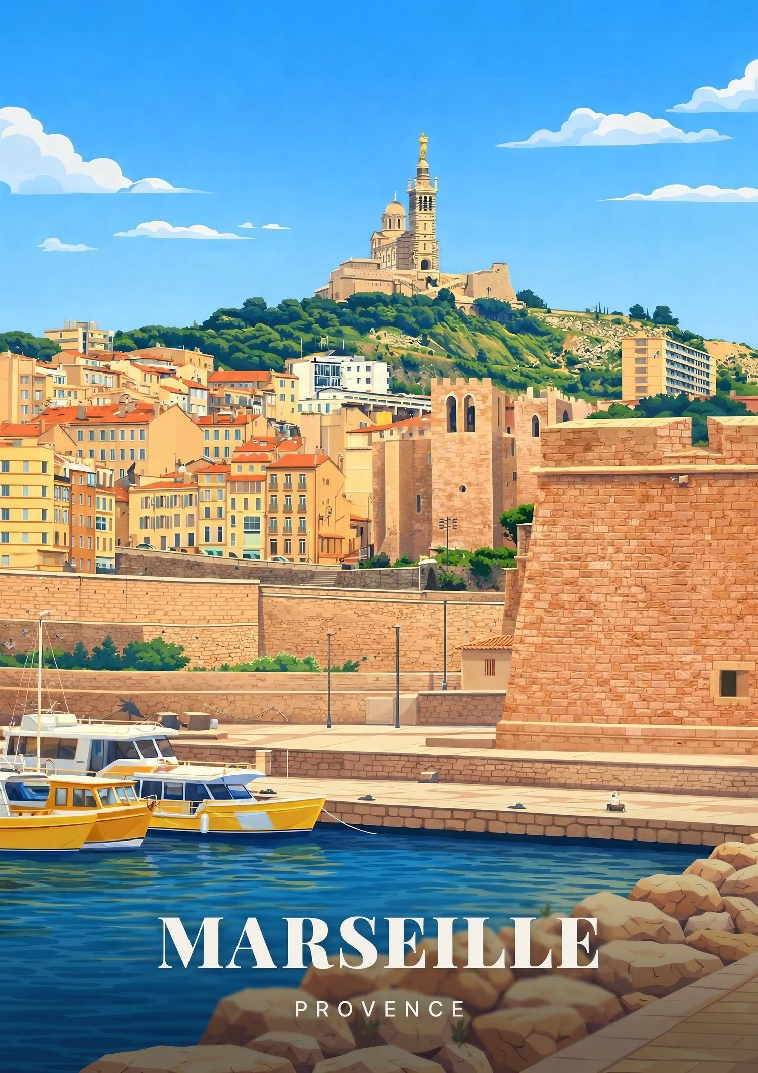 Marseille — Notre-Dame de la Garde et le Fort Saint-Jean au-dessus des Toits du Vieux-Port