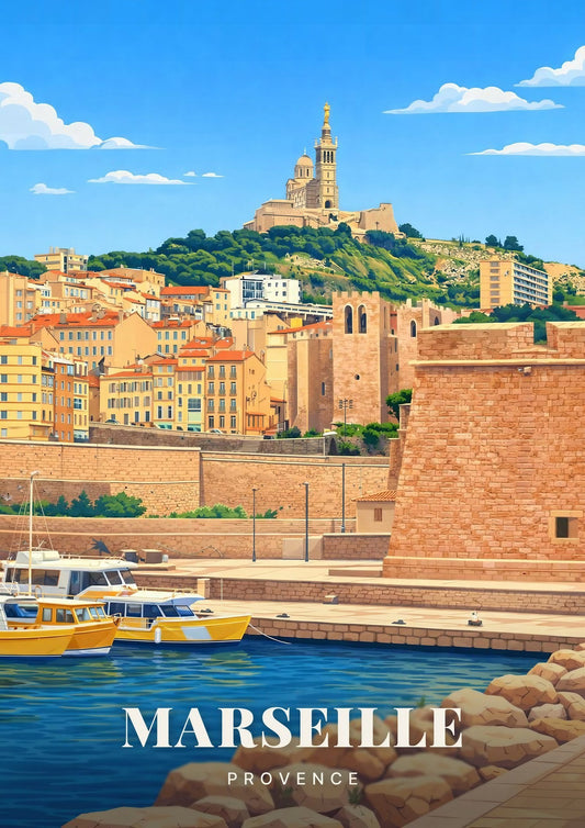 Marseille — Notre-Dame de la Garde et le Fort Saint-Jean au-dessus des Toits du Vieux-Port