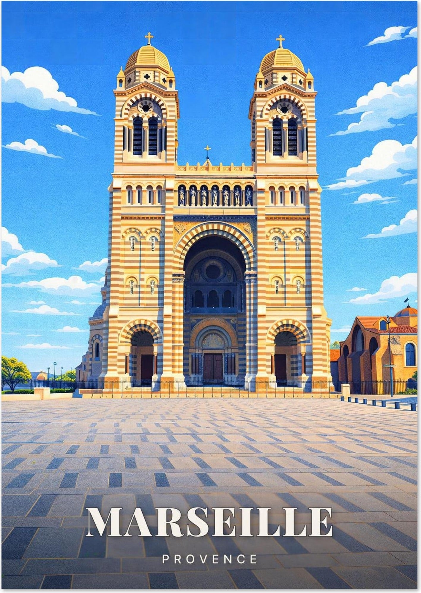 Marseille — La Façade Monumentale de la Cathédrale de la Major et ses Deux Tours sur le Parvis