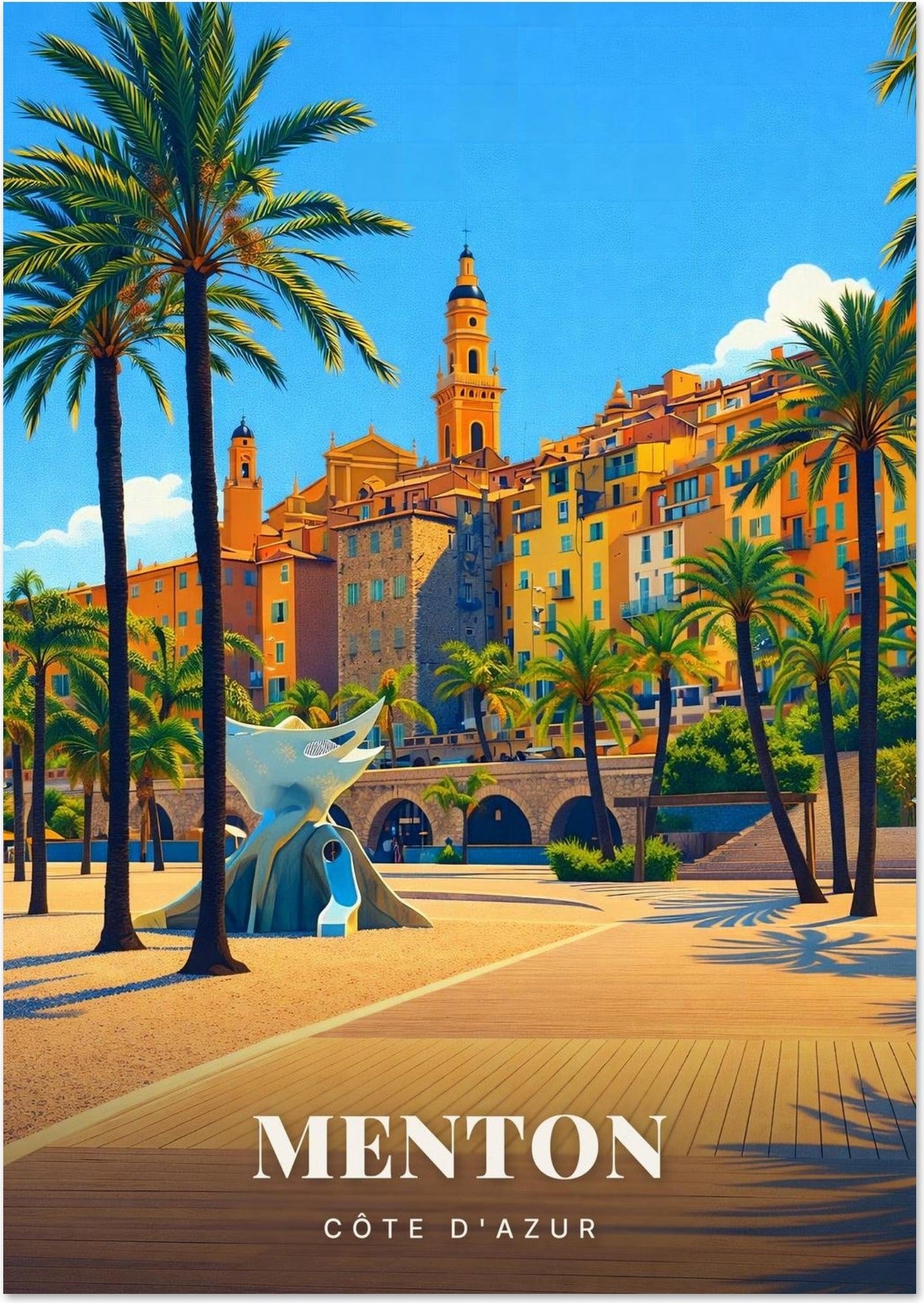 Menton — Le Clocher Baroque de la Vieille Ville et ses Façades Ocre au-dessus de la Promenade aux Palmiers de la Côte d'Azur