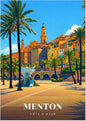 Menton — Le Clocher Baroque de la Vieille Ville et ses Façades Ocre au-dessus de la Promenade aux Palmiers de la Côte d'Azur