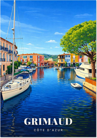 Port Grimaud — Les Maisons Pastel et les Voiliers le Long du Canal sous le Pin Parasol du Golfe de Saint-Tropez