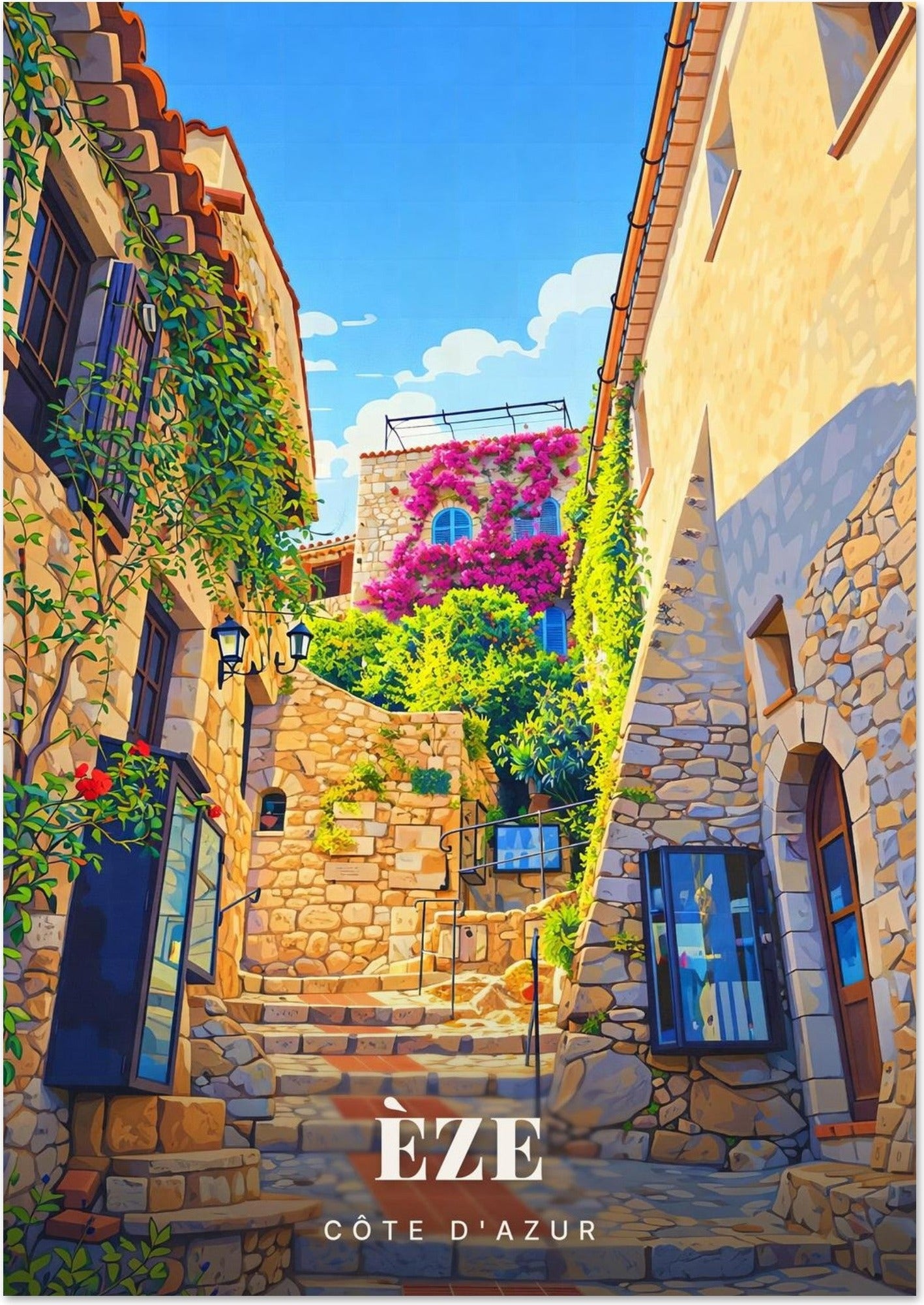 Èze — La Ruelle Pavée aux Escaliers Fleuris de Bougainvilliers du Village Médiéval de la Côte d'Azur
