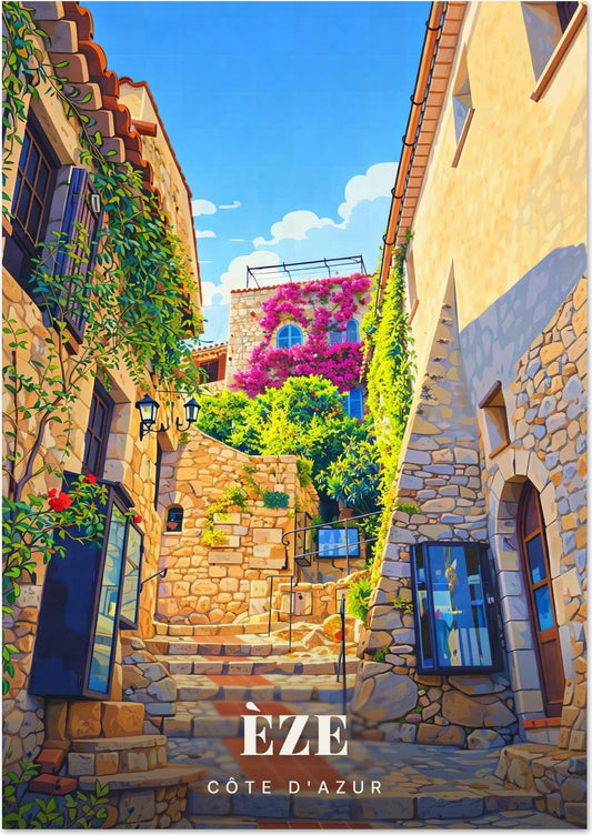 Èze — La Ruelle Pavée aux Escaliers Fleuris de Bougainvilliers du Village Médiéval de la Côte d'Azur