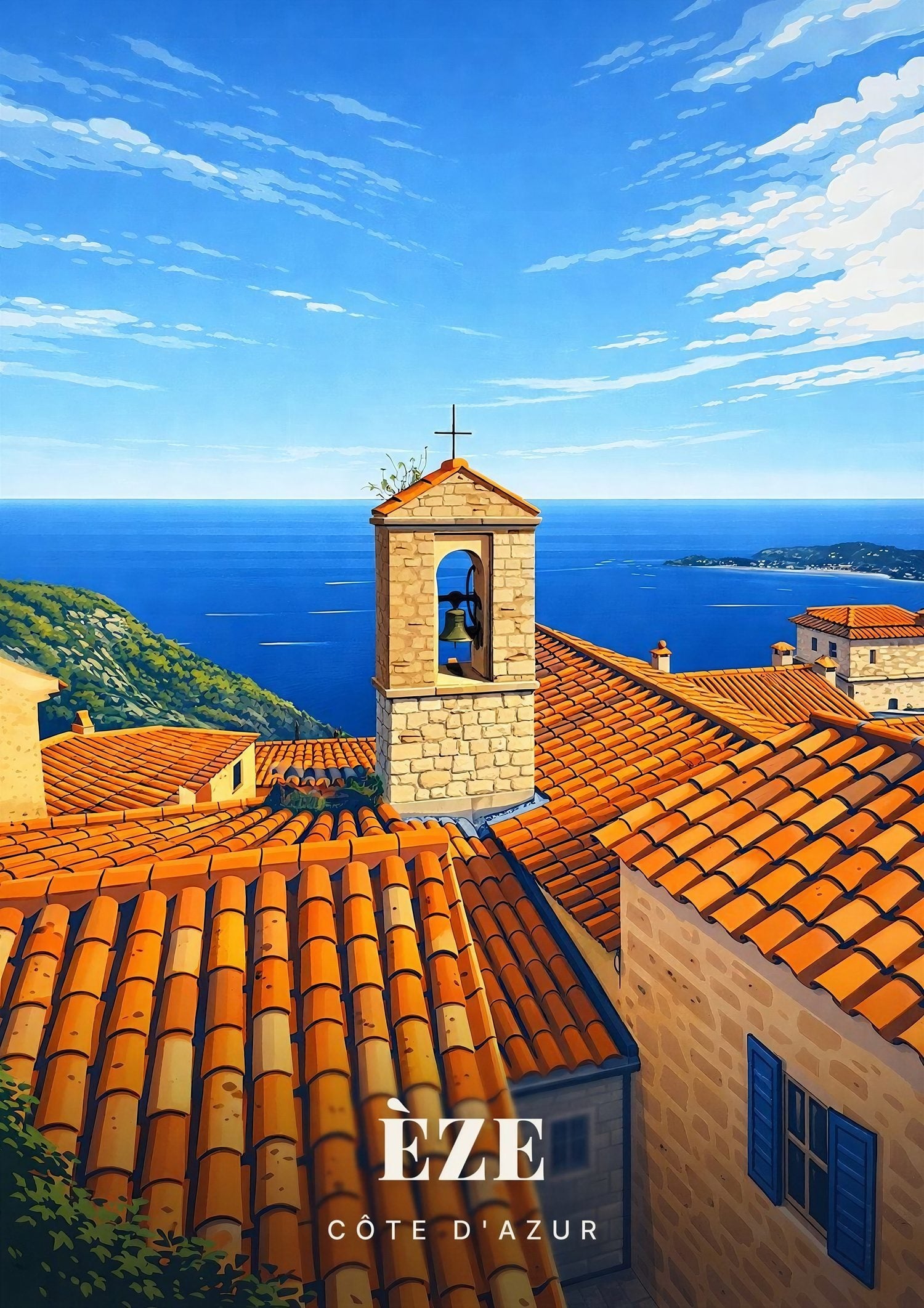 Èze — Le Clocher du Village Perché au-dessus des Toits de Tuiles et de la Mer de la Côte d'Azur