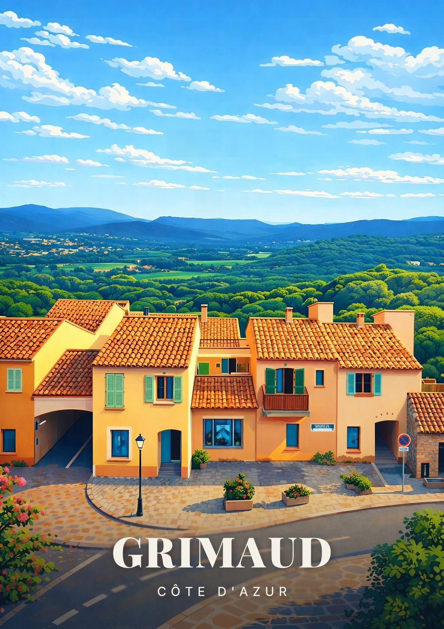 Grimaud — Les Toits de Tuiles du Village Perché et le Panorama du Massif des Maures de la Côte d'Azur