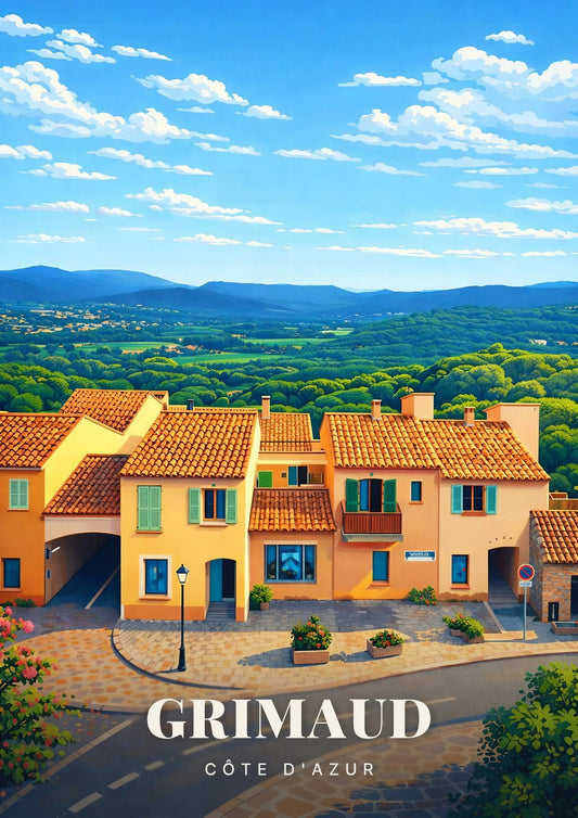 Grimaud — Les Toits de Tuiles du Village Perché et le Panorama du Massif des Maures de la Côte d'Azur