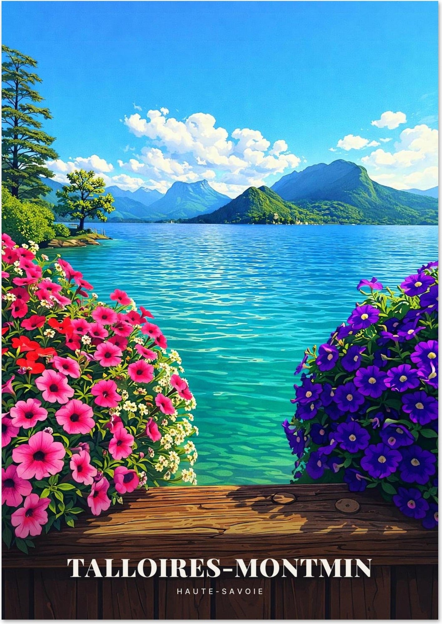 Talloires-Montmin — Massifs Cascades de Pétunias Roses et Violets au-dessus des Eaux Turquoise du Lac d'Annecy