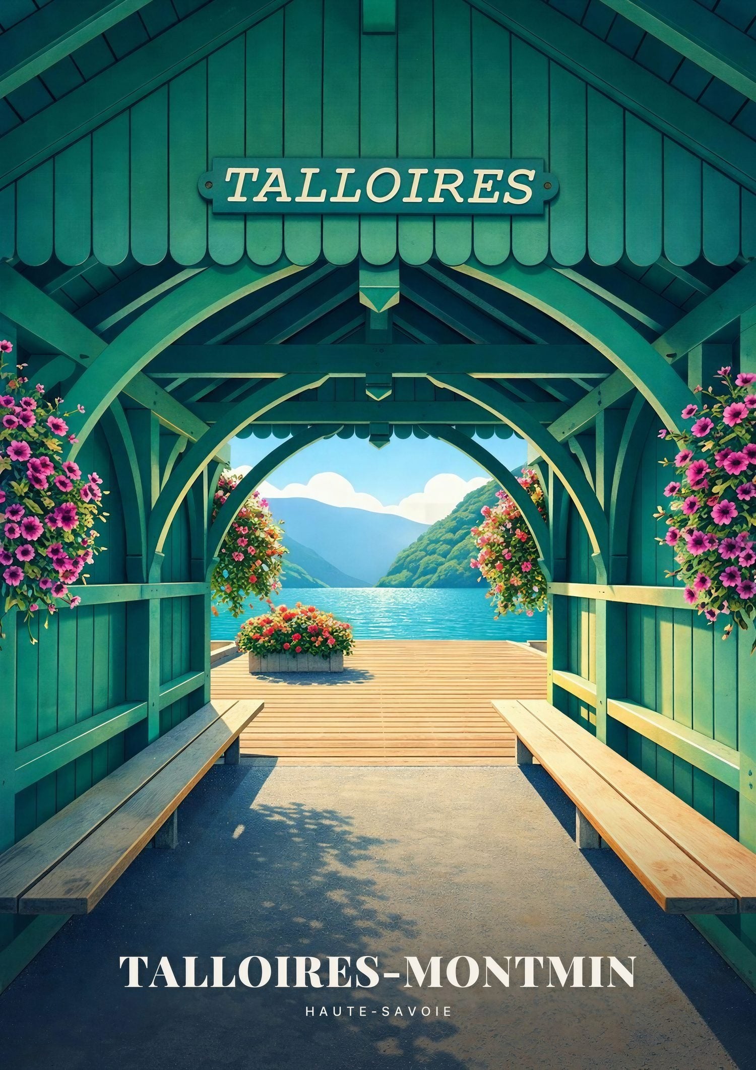 Talloires-Montmin — L'Embarcadère de Bois Vert et ses Paniers de Pétunias Roses ouvrant sur le Lac d'Annecy