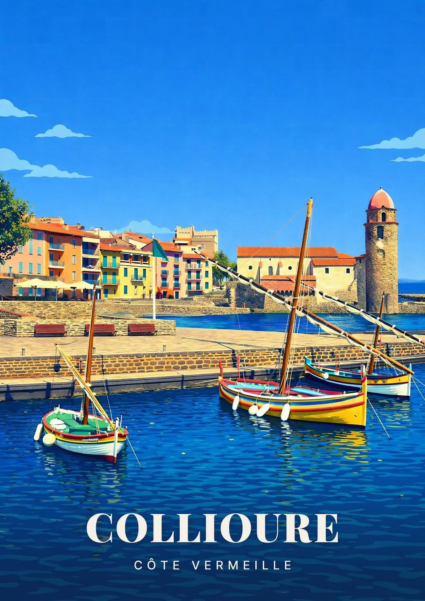 Collioure — Les Barques Catalanes du Port devant les Façades Pastel et le Clocher de la Côte Vermeille