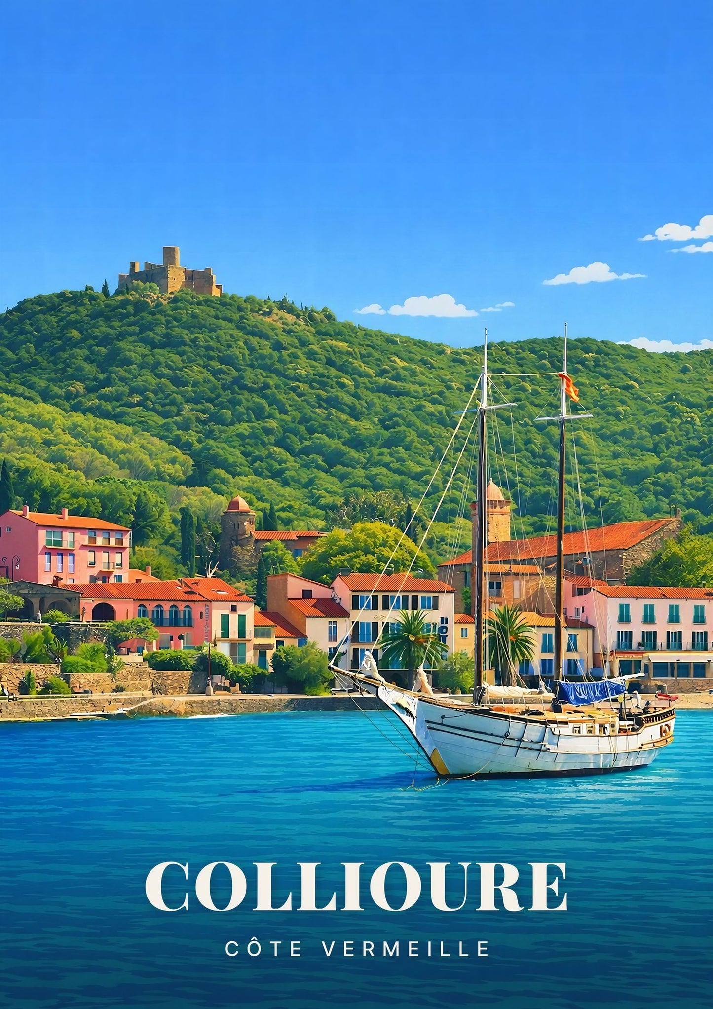 Collioure — Le Fort Saint-Elme Dominant la Baie et son Voilier au Mouillage sur la Côte Vermeille
