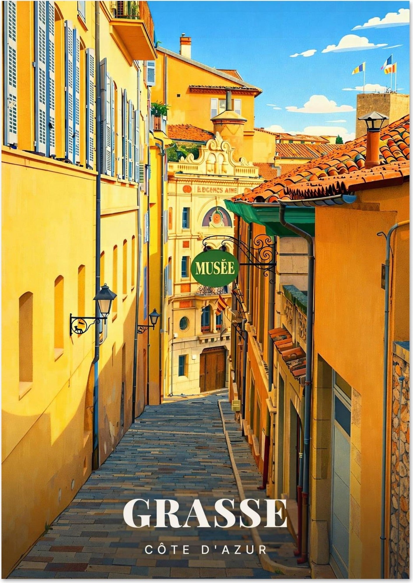 Grasse — Ruelle Pavée en Descente vers la Façade Baroque au Cœur de la Côte d'Azur