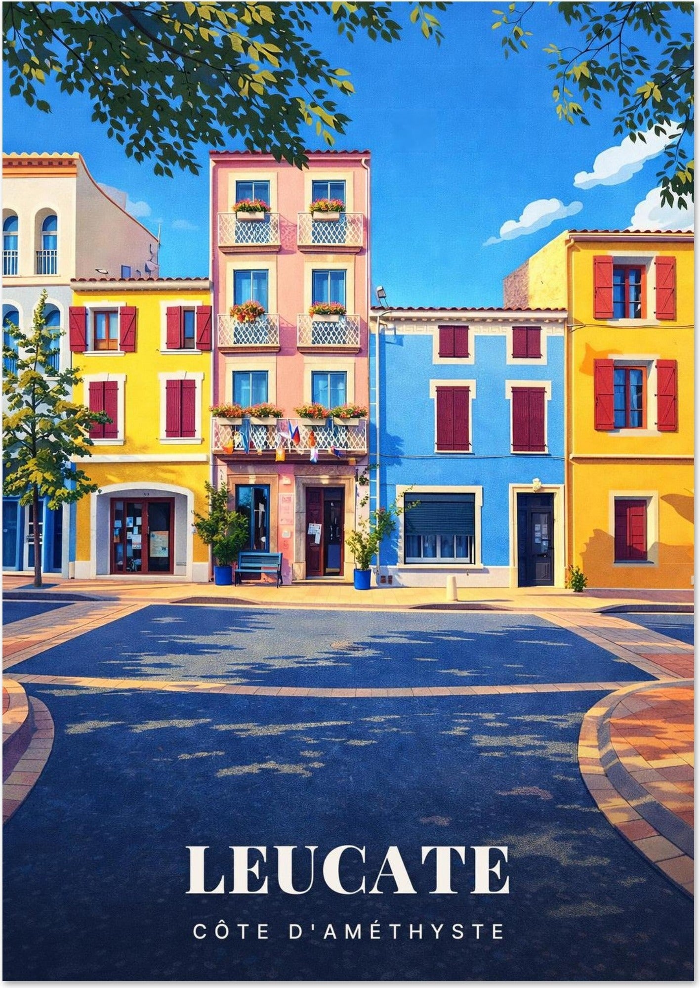 Leucate — Les Façades Pastel et Balcons Fleuris de la Place du Village sur la Côte d'Améthyste