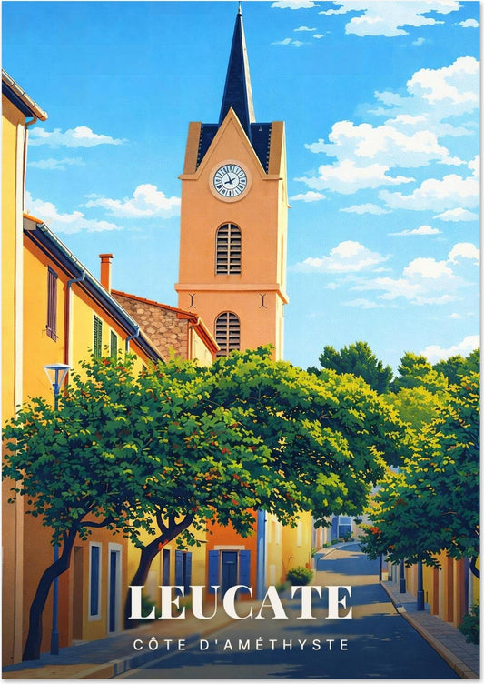 Leucate — Le Clocher de l'Église et la Rue du Village Bordée d'Arbres sur la Côte d'Améthyste