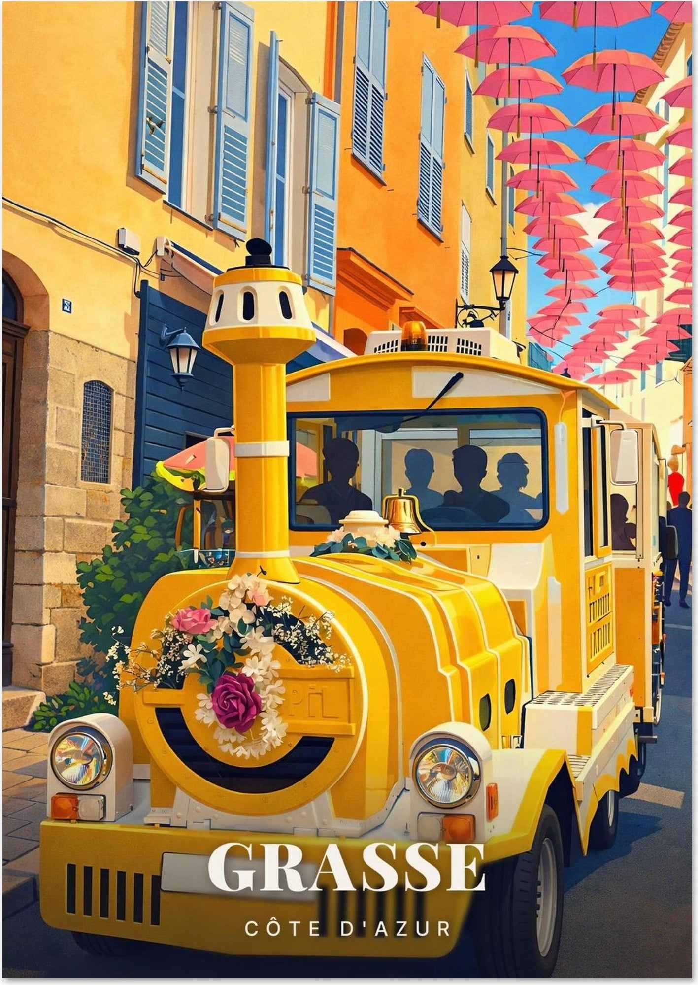 Grasse — Le Petit Train Jaune sous les Parapluies Roses dans la Vieille Ville de la Côte d'Azur
