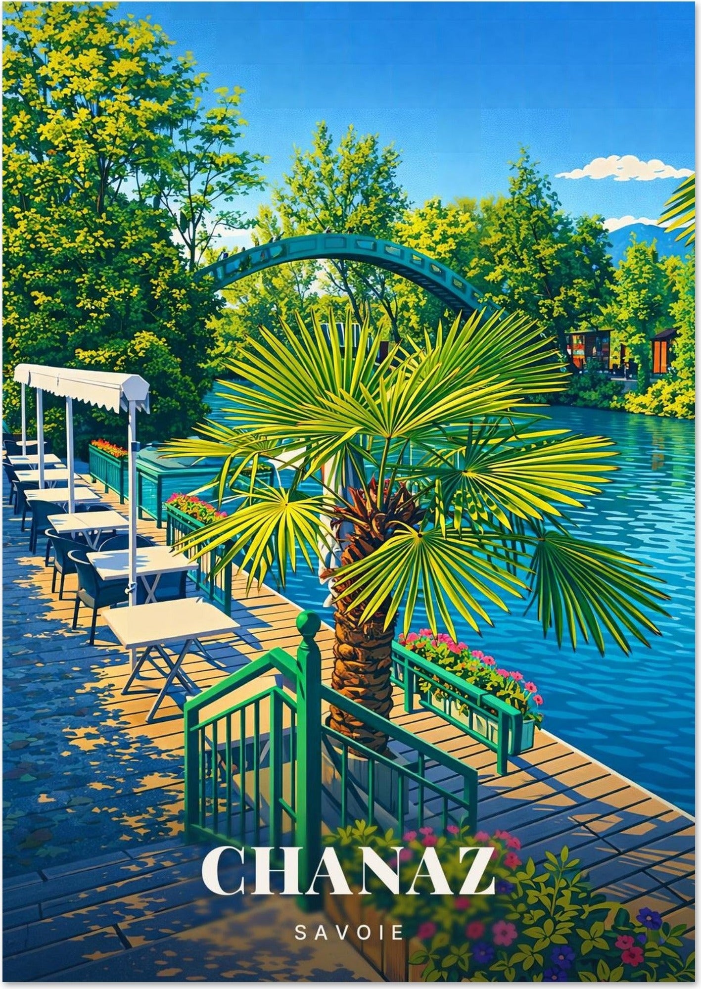 Chanaz — La Passerelle Arquée et le Palmier sur les Eaux Turquoise du Canal de Savière en Savoie