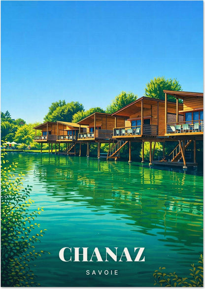 Chanaz — Les Chalets de Bois sur Pilotis au-dessus des Eaux Vertes du Canal de Savière en Savoie