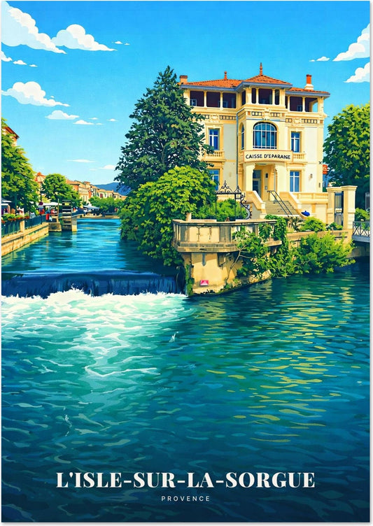 L'Isle-sur-la-Sorgue — La Villa au Bord de la Sorgue et son Barrage face au Vieux Village de Provence